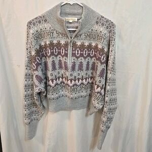 Sugar Moon Grey "Snow Day" Fair Isle Pullover Cropped 1/2 Zip‎ Sweater Sz L NWT